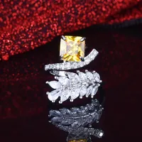 Fashion Inlaid Zircon Leaf Yellow Diamond Ring Ice Flower Copper Ring main image 2