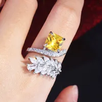 Fashion Inlaid Zircon Leaf Yellow Diamond Ring Ice Flower Copper Ring main image 3