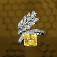 Fashion Inlaid Zircon Leaf Yellow Diamond Ring Ice Flower Copper Ring sku image 1