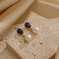 1 Pair Elegant Geometric Plating Inlay Freshwater Pearl Copper Natural Stone 18k Gold Plated Drop Earrings main image 4