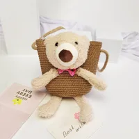 Kid's Straw Animal Bear Cute Square Zipper Crossbody Bag Straw Bag Coin Purse sku image 8