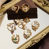 Retro Flower Butterfly Copper Plating Inlay Freshwater Pearl 18k Gold Plated Open Rings main image 1