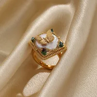 Retro Flower Butterfly Copper Plating Inlay Freshwater Pearl 18k Gold Plated Open Rings main image 2