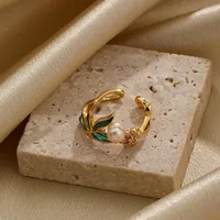 Retro Flower Butterfly Copper Plating Inlay Freshwater Pearl 18k Gold Plated Open Rings main image 3