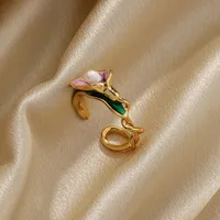 Retro Flower Butterfly Copper Plating Inlay Freshwater Pearl 18k Gold Plated Open Rings main image 5