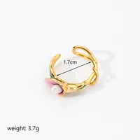 Retro Flower Butterfly Copper Plating Inlay Freshwater Pearl 18k Gold Plated Open Rings sku image 2