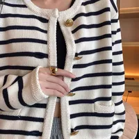 Women's Cardigan Sweater Long Sleeve Sweaters & Cardigans Contrast Binding Simple Style Stripe main image 1