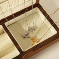 304 Stainless Steel Copper 18K Gold Plated Heart Shape Bow Knot Pendant Necklace main image 1