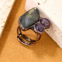 Copper Handmade Inlay Asymmetrical Irregular Labradorite Amethyst  Open Rings main image 6