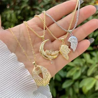 Copper Cable Chain Box Chain 18K Gold Plated Inlay Moon Wings Zircon Pendant Necklace main image video