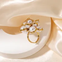 Wholesale Jewelry Elegant Lady Classic Style Flower 304 Stainless Steel Pearl 14K Gold Plated Plating Inlay Rings main image 4