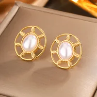 1 Pair Simple Style Commute Oval Plating Hollow Out Inlay 304 Stainless Steel Turquoise Opal Turquoise Opal Pearl 18K Gold Plated Ear Studs main image 3