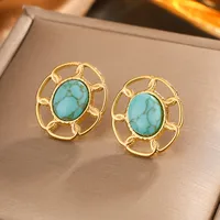 1 Pair Simple Style Commute Oval Plating Hollow Out Inlay 304 Stainless Steel Turquoise Opal Turquoise Opal Pearl 18K Gold Plated Ear Studs main image 5