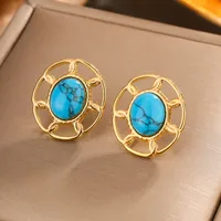 1 Pair Simple Style Commute Oval Plating Hollow Out Inlay 304 Stainless Steel Turquoise Opal Turquoise Opal Pearl 18K Gold Plated Ear Studs main image 4