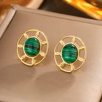 1 Pair Simple Style Commute Oval Plating Hollow Out Inlay 304 Stainless Steel Turquoise Opal Turquoise Opal Pearl 18K Gold Plated Ear Studs main image 6