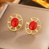 1 Pair Simple Style Commute Oval Plating Hollow Out Inlay 304 Stainless Steel Turquoise Opal Turquoise Opal Pearl 18K Gold Plated Ear Studs main image 2