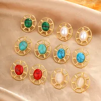 1 Pair Simple Style Commute Oval Plating Hollow Out Inlay 304 Stainless Steel Turquoise Opal Turquoise Opal Pearl 18K Gold Plated Ear Studs main image 1