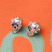 1 Pc/Package 10x9mm Hole 4~4.9mm Copper Zircon 18K Gold Plated Swimming Black White Gold Plated Halloween Pattern Flower Skull Polished Pendant sku image 2