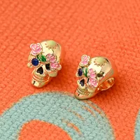 1 Pc/Package 10x9mm Hole 4~4.9mm Copper Zircon 18K Gold Plated Swimming Black White Gold Plated Halloween Pattern Flower Skull Polished Pendant main image 3