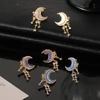 1 Pair Elegant Lady Simple Style Star Moon Enamel Alloy Zircon Drop Earrings main image 1