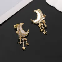 1 Pair Elegant Lady Simple Style Star Moon Enamel Alloy Zircon Drop Earrings sku image 1