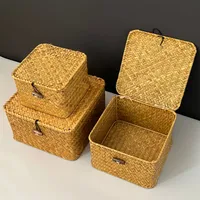 Straw Rattan Woven Box With Lid Birthday Gift Bamboo Blue Woven Basket Gift Box Handmade Wedding Gift Basket Woven Basket main image 2