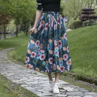 Summer Spring Autumn Casual Vacation Plant Cotton And Linen Midi Dress Skirts sku image 3