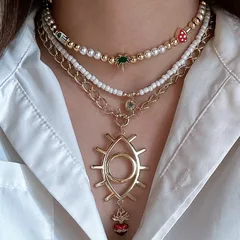 Creative Design Rice-Shaped Beads Stringed Beads Eyes Imitation Pearl Neck Beaded Necklace Clavicle Chain Gold Thick Chain Exaggerated Eye Pendant Epoxy Love Heart Locket Charm Sweater Chain Suitable For Party Birthday And Holiday Wear Daily Wear Jewelry Suitable For Girlfriend Wife