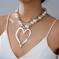 Europe And America Cross Border Necklace New Pearl Exaggerating Heart-Shapaed Pendant Necklace 2-Piece Set Fashion Imitation Pearl Beaded Necklace