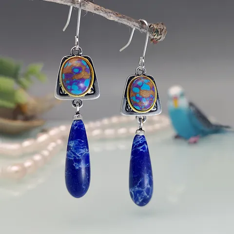 Retro Water Droplets Plating Metal Artificial Gemstones Drop Earrings