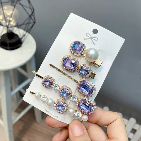 Retro Style Geometric Rhinestone One-word Hair Clip 5-piece Set