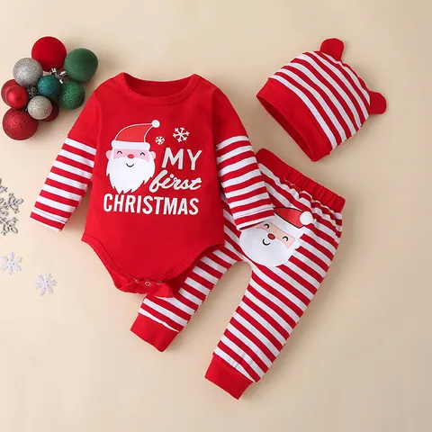 Christmas Fashion Stripe Printing 100% Cotton Boys Clothing Sets