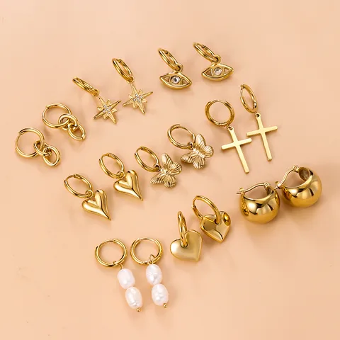 1 Pair Fashion Cross Devil'S Eye Heart Shape Butterfly Gold Plated 304 Stainless Steel Artificial Pearls Rhinestones Stainless Steel Earrings