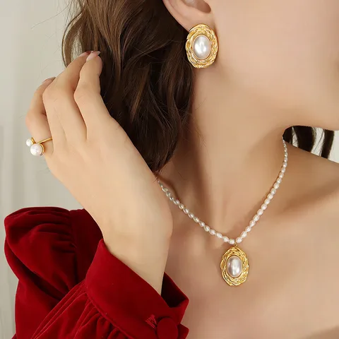 Wholesale Jewelry Retro Oval 304 Stainless Steel Artificial Pearls 18K Gold Plated Inlay Earrings Necklace