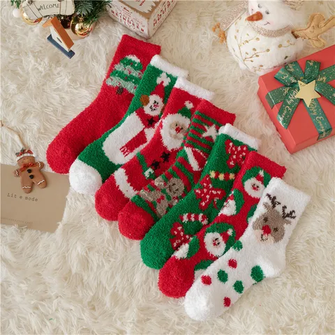 Women's Cute Christmas Tree Santa Claus Snowman Acetate Fibre Coral Fleece Crew Socks