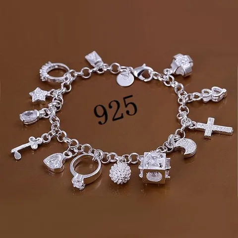 Retro Cross Heart Shape Rhombus Alloy Silver Plated Inlay Rhinestones Unisex Bracelets