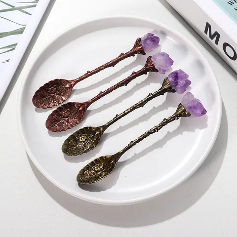 Natural Amethyst Flower Decor Copper Creative Long Handle Spoon