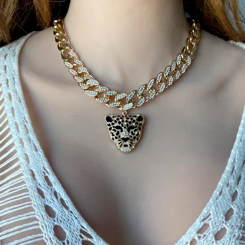 Punk Leopard Alloy Inlay Rhinestones Pendant Necklace 1 Piece