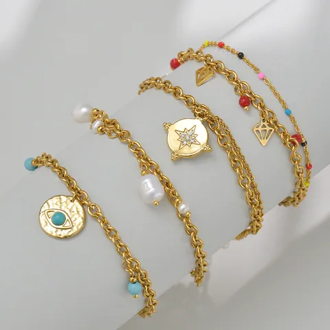 Fashion Round Stainless Steel Bracelets Plating Inlay Turquoise Rhinestone Stainless Steel Bracelets