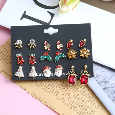 Cute Christmas Tree Santa Claus Elk Alloy Enamel Plating Inlay Rhinestones Ear Studs 1 Set