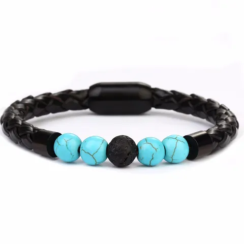 Fashion Circle Pu Leather Natural Stone Beaded Men's Bracelets