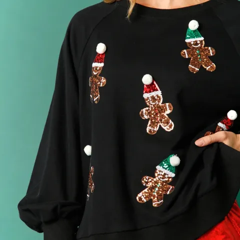 Women's Hoodies Long Sleeve Sequins Christmas Gingerbread