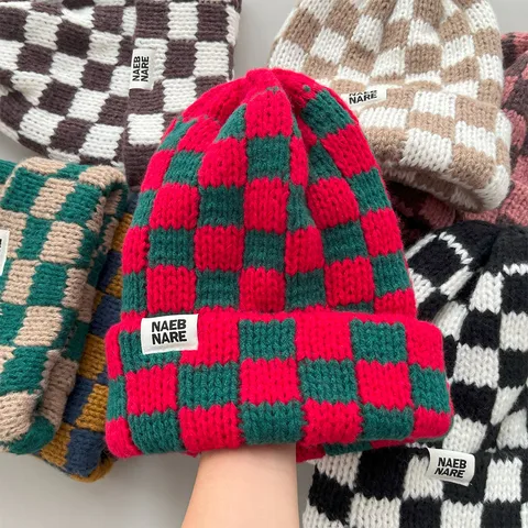 Women's Basic Retro Plaid Eaveless Wool Cap