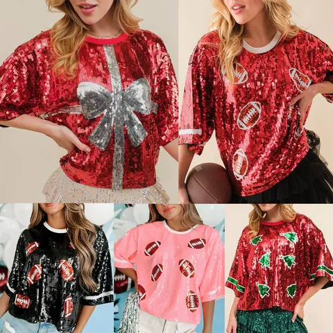 Women's T-shirt Half Sleeve T-shirts Sequins Simple Style Christmas Tree Rugby