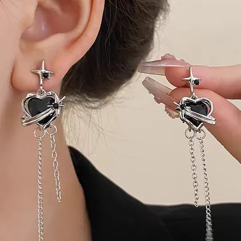 1 Pair Ig Style Simple Style Star Heart Shape Tassel Plating Inlay Alloy Rhinestones Diamond Silver Plated Drop Earrings