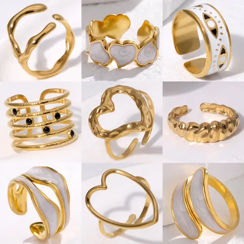 304 Stainless Steel 18K Gold Plated Elegant Retro Plating Geometric Leaf Heart Shape Open Rings