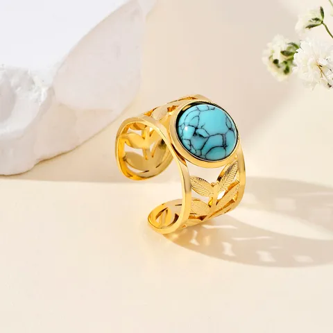 304 Stainless Steel 18K Gold Plated Retro Roman Style Plating Inlay Geometric Turquoise Open Rings