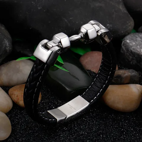 Casual Classic Style Geometric Pu Leather Titanium Steel Men's Bangle