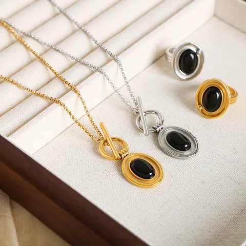 Wholesale Jewelry Casual Simple Style Commute Oval Titanium Steel Agate 18K Gold Plated Plating Inlay Jewelry Set