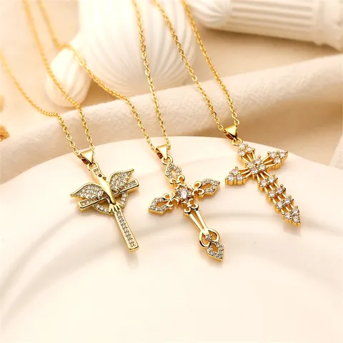 Ig Style Simple Style Cross Copper Plating Inlay Zircon Gold Plated Pendant Necklace